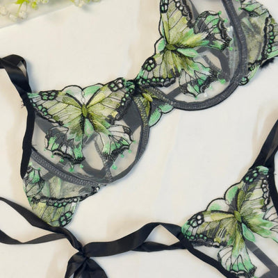 Parrot Green Butterfly Bow Tie Net Bra Set alternate view