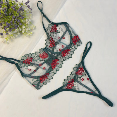 Green Red Embroidered Net Bra Set - Imported Intimate Wear - BLUSHOVA Pakistan