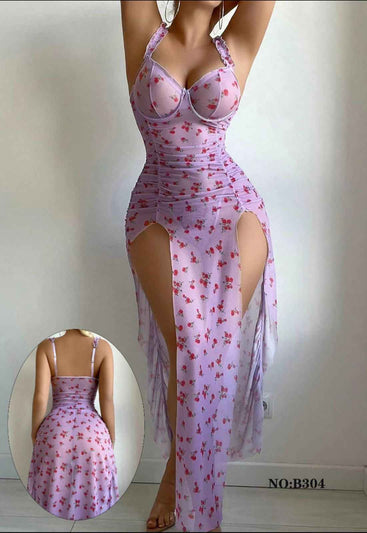 Mini Flower Print Honeymoon Long Slit Gown - Imported Intimate Wear - BLUSHOVA Pakistan