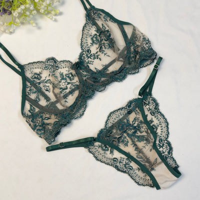 Green Embroidered Net Bra Set - Imported Intimate Wear - BLUSHOVA Pakistan