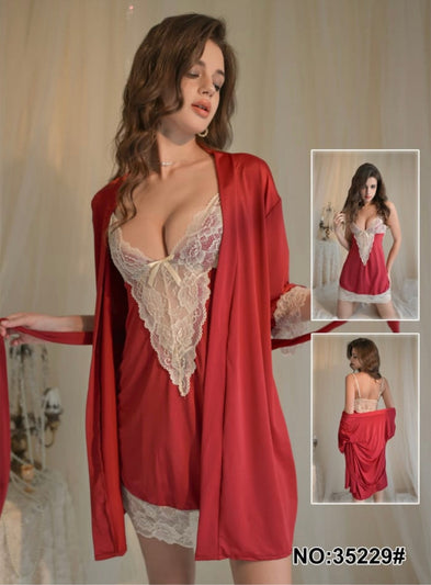 Two Piece Red Nighty with Lace - Imported Intimate Wear - BLUSHOVA Pakistan