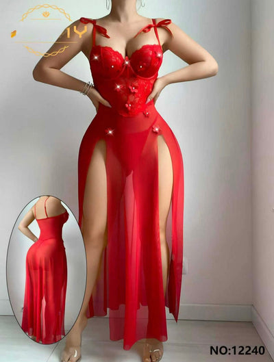 Red Floral Slit Night Dress - Imported Intimate Wear - BLUSHOVA Pakistan
