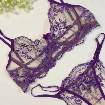 Purple Embroidered Net Bra Set alternate view