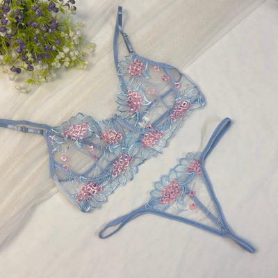 Ice Blue Embroidered Net Bra Set alternate view