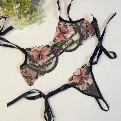 Coral Butterfly Bow Tie Net Bra Set - Imported Intimate Wear - BLUSHOVA Pakistan